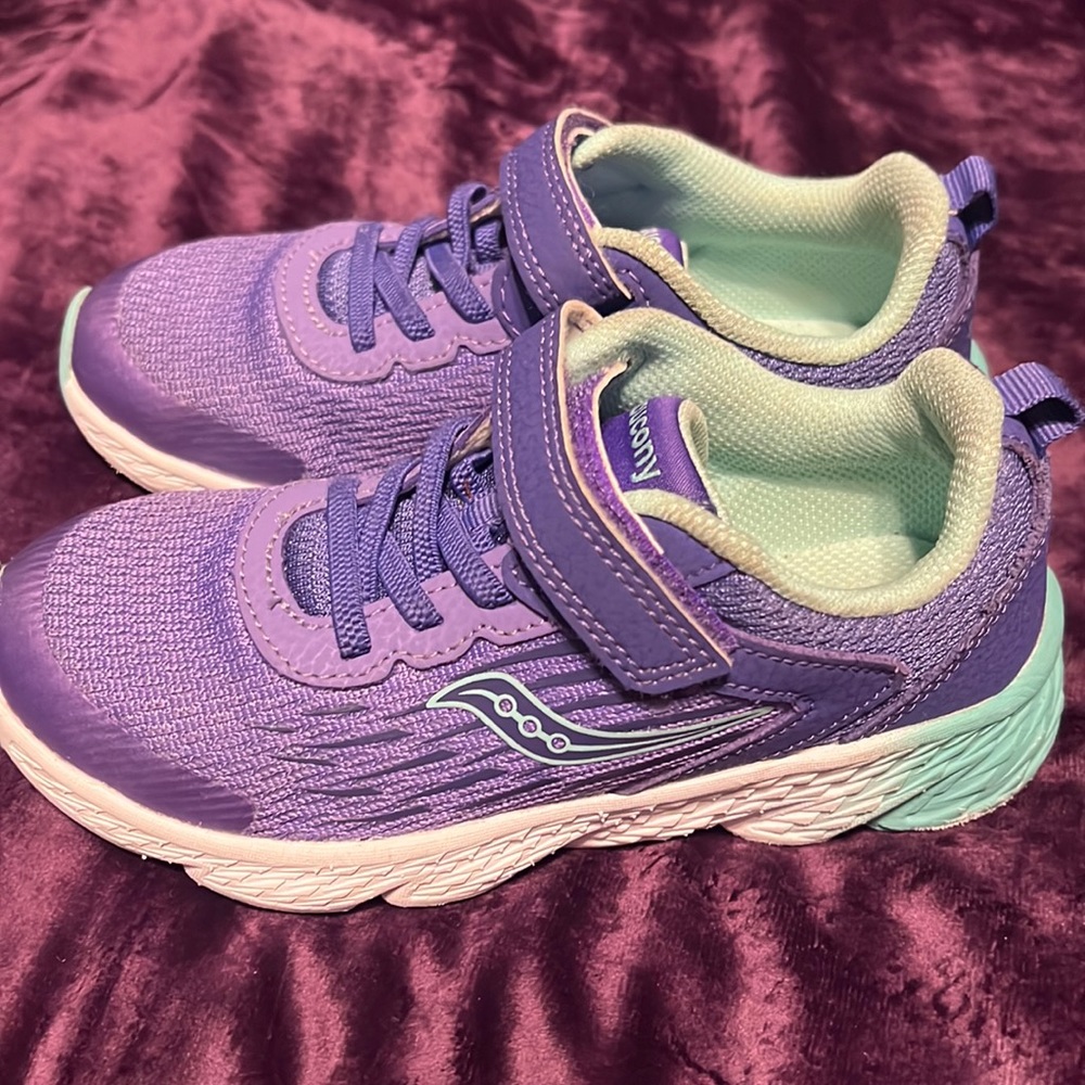 Saucony little girls sneakers. Color- purple/green/white. Size 12M.